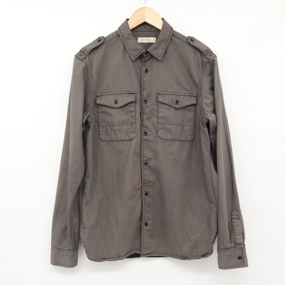 AllSaints Men's Sz M Long Sleeve Button Down Utility Shirt Brown Gray Gothcore